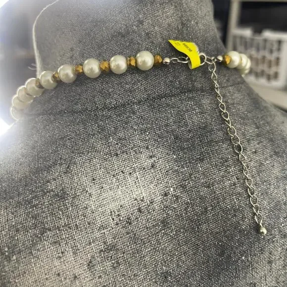 necklace Faux pearl and tiger's eye beaded costume jewelry natural neutral - Picture 3 of 11